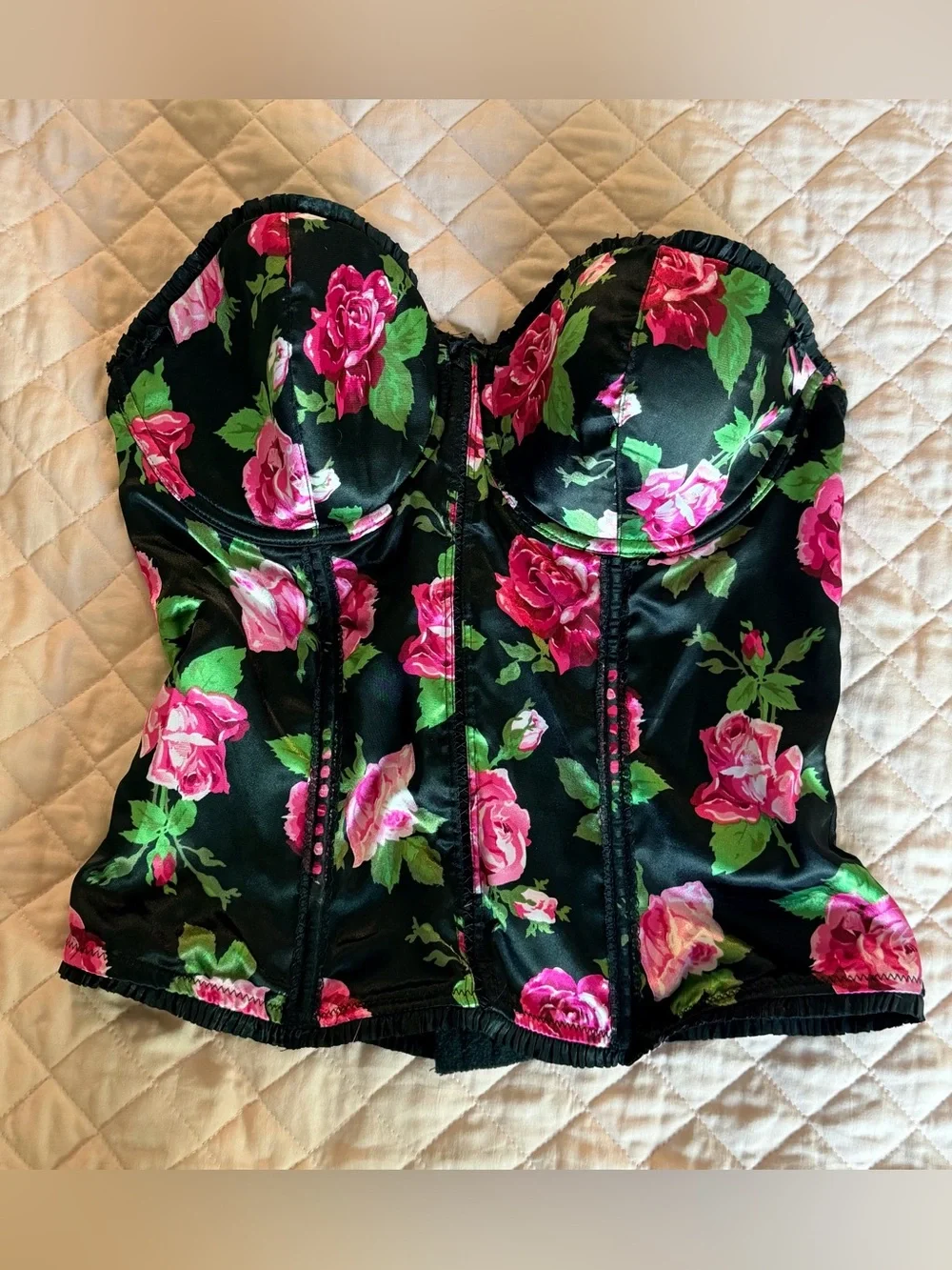 smart & sexy Black Bustier Top with Pink and Green Floral Accents